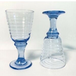 Set of 2 Libbey Sirrus Vintage Blue Glass Ribbed 7" Wine Water Goblets